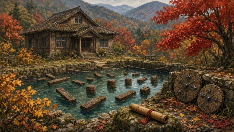 秋天里山旁的老校舍游泳池上，漂著木製浮具和浮橋，池邊立著手裏劍標靶的插畫