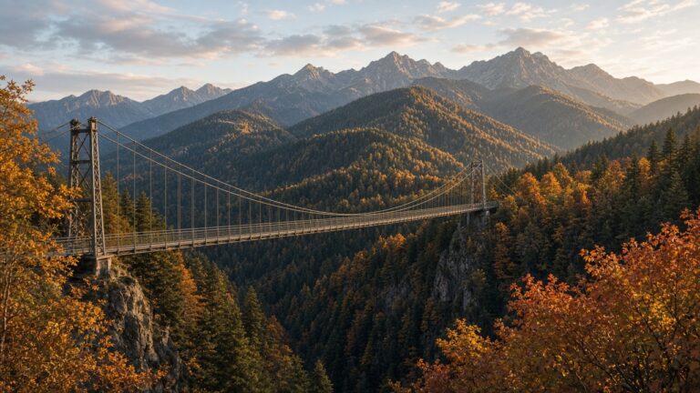 橫跨義大利阿爾卑斯山深谷的鋼索人行吊橋與秋天山景