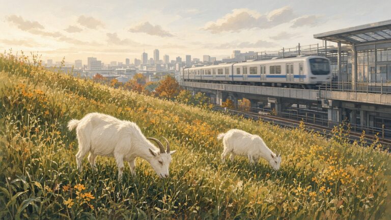 東京車站旁的草坡上，兩隻白色山羊悠閒吃草的插畫