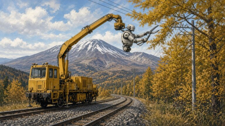 高原鐵道旁，軌道車吊臂前端的人型機器人正在修剪樹枝，背景是秋天山景的插畫