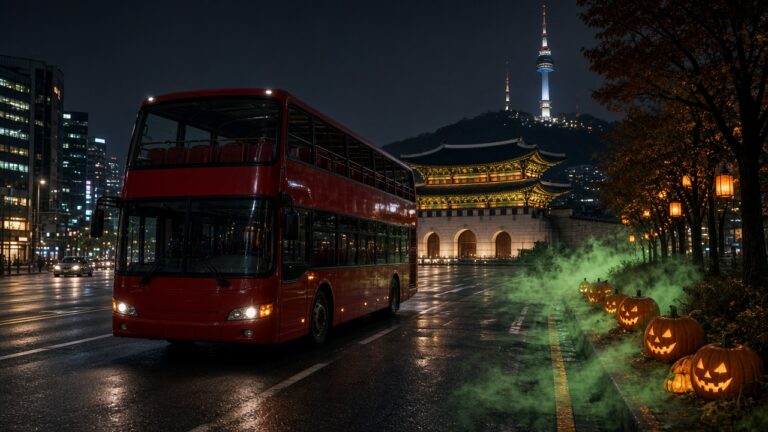 萬聖節夜晚行駛在首爾市區的雙層觀光巴士，背景是 N 首爾塔與詭譎霧氣