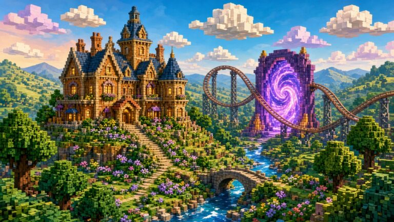 住進方塊世界!全球首座 Minecraft 飯店 2027 年落腳倫敦近郊,搭「地獄傳送門」電梯、配全球首座 Minecraft 雲霄飛車 一座由方塊堆成的飯店建築,旁邊有雲霄飛車軌道穿過紫色傳送門的插畫