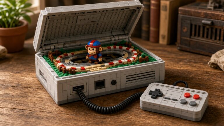 用 1,911 片積木拼出初代 PlayStation!樂高推出幾乎原尺寸 PS1,打開機殼還藏著《跑車浪漫旅》賽道 桌上一台用積木拼成的灰色復古遊戲主機,打開機蓋露出迷你賽道和戴頭盔小猴子的插畫