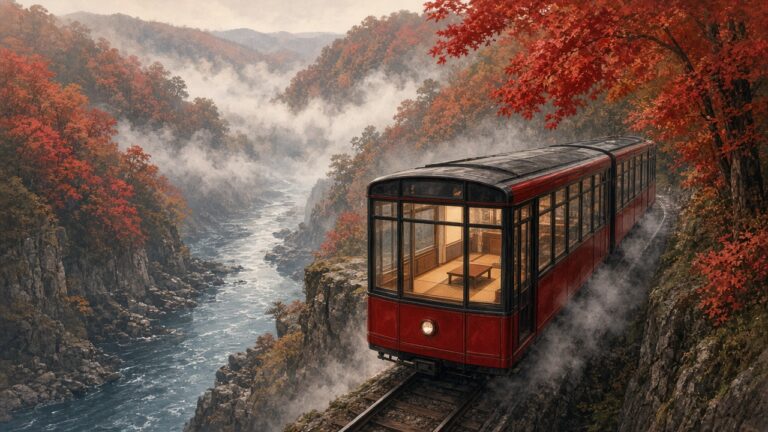 紅黑色玻璃車廂小火車沿著紅葉溪谷行駛，車頭有榻榻米包廂的插畫
