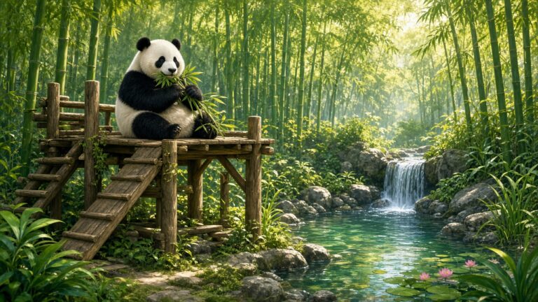 綠意盎然的園區裡，一隻大貓熊坐在木頭攀爬架上吃竹子、旁邊有小水池的插畫