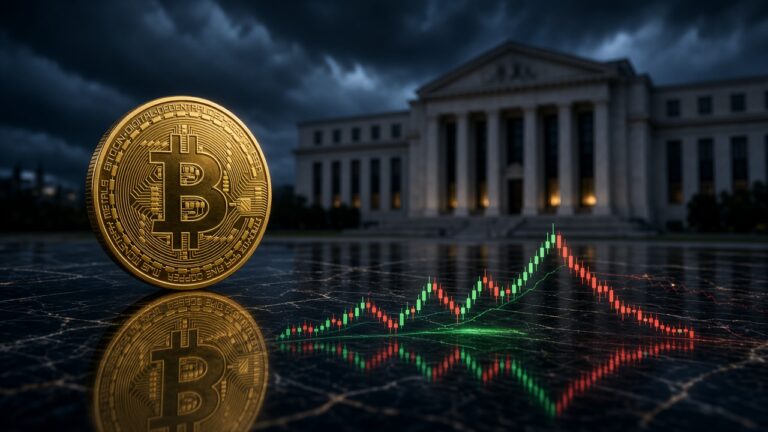 金色比特幣立在大理石桌面上，背景是風雨欲來的央行建築，桌面倒映著先漲後跌的K線