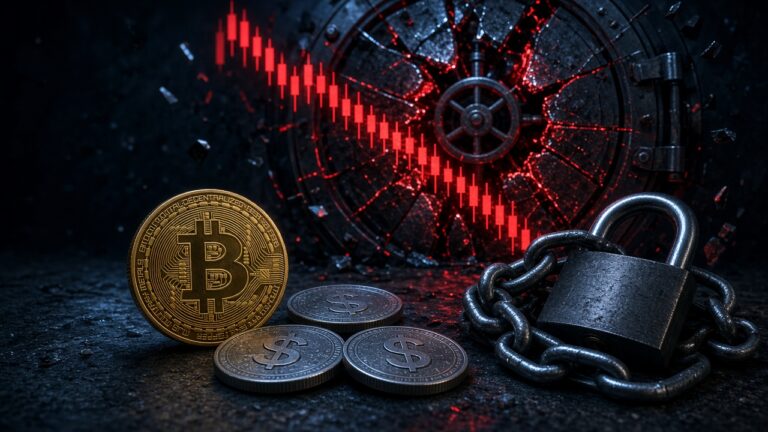 金色比特幣與穩定幣散落在碎裂的金庫門前，旁邊有鎖鏈和掛鎖，背景是下跌的紅色K線