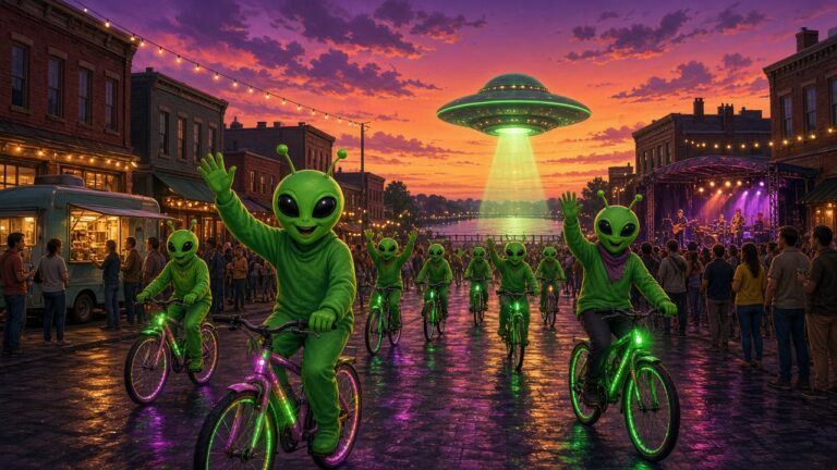 黃昏的美國小鎮街頭，一群穿著綠色外星人裝扮的民眾騎著發光腳踏車遊行，河面上空飄著一架飛碟的插畫